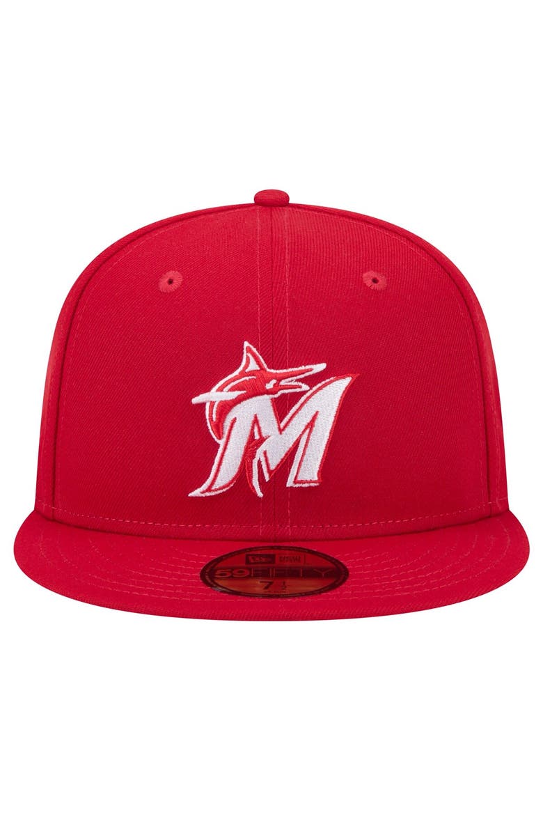 Men's New Era Red Miami Marlins White Logo 59FIFTY Fitted Hat, Alternate, color, Red