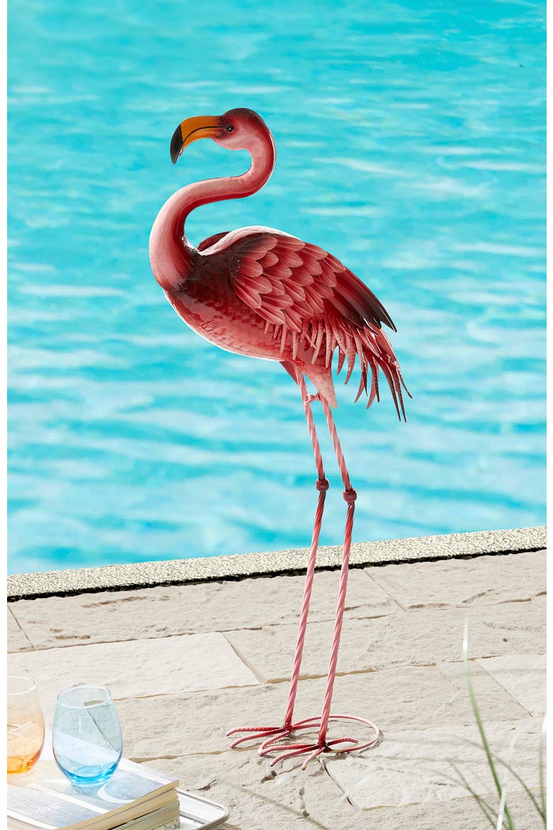 Metal Standing Flamingo Garden Statue with Stakes, Alternate, color, Pink
