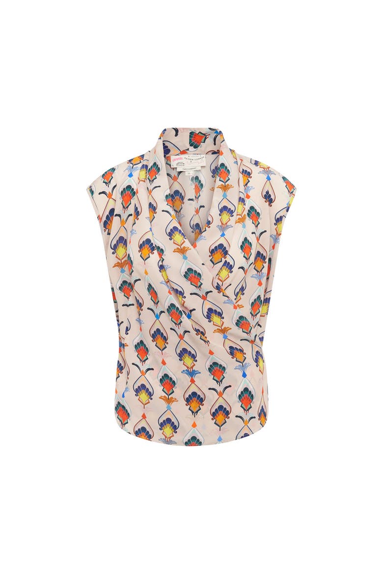 Printed Wrap Silk Top Print in geometric tulip design, Main, color, Sand Multicolour