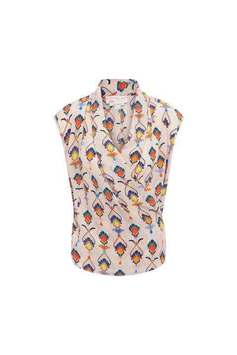 Printed Wrap Silk Top Print in geometric tulip design