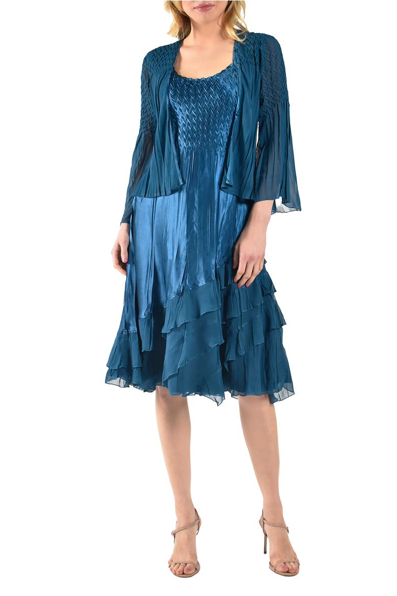 Wide Sleeve Charmeuse & Chiffon Tiered Dress with Jacket, Main, color, Mediterranean