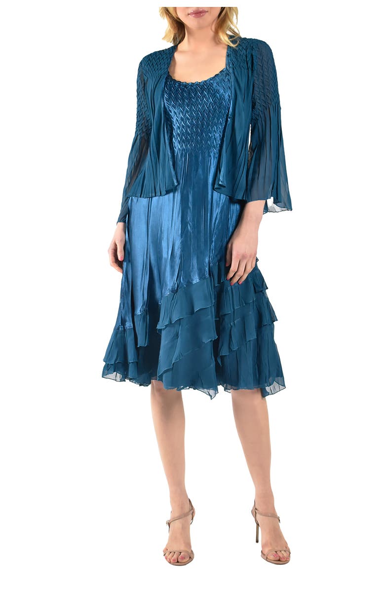 Komarov Wide Sleeve Charmeuse & Chiffon Tiered Dress with Jacket, Main, color, Mediterranean