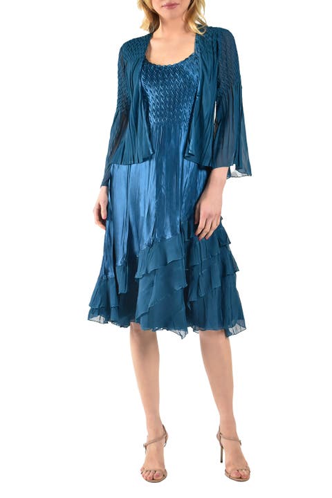 Wide Sleeve Charmeuse & Chiffon Tiered Dress with Jacket