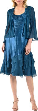 Komarov Wide Sleeve Charmeuse & Chiffon Tiered Dress with Jacket
