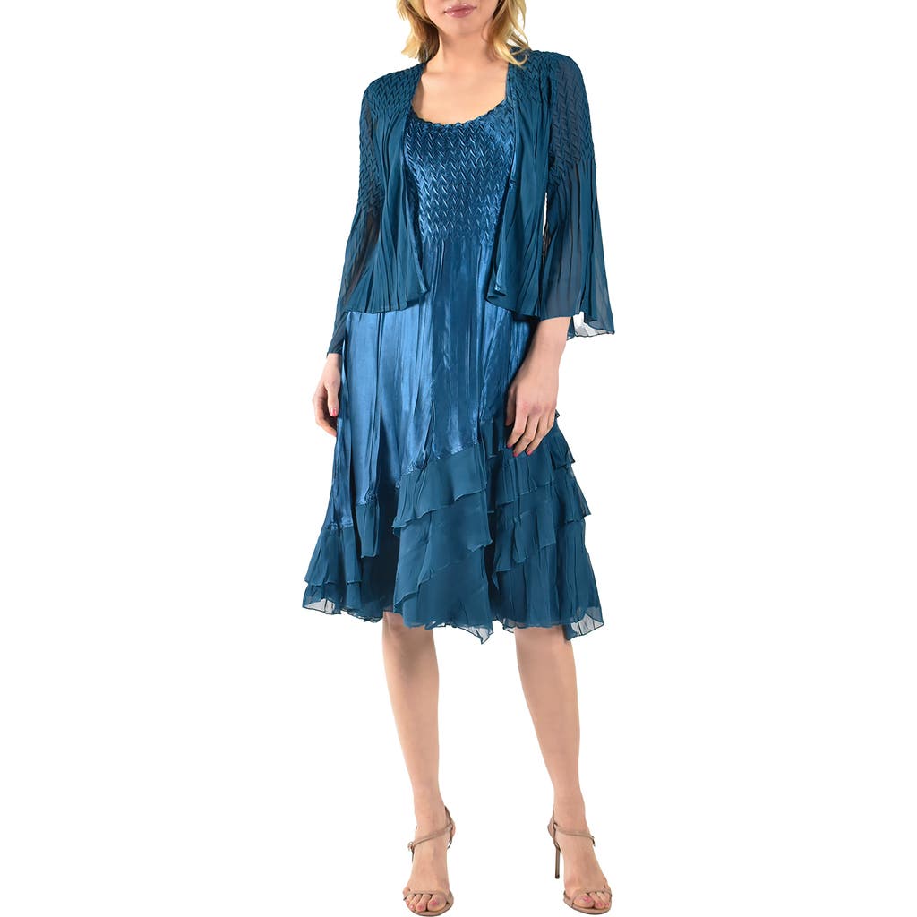 Komarov Wide Sleeve Charmeuse & Chiffon Tiered Dress With Jacket In Blue