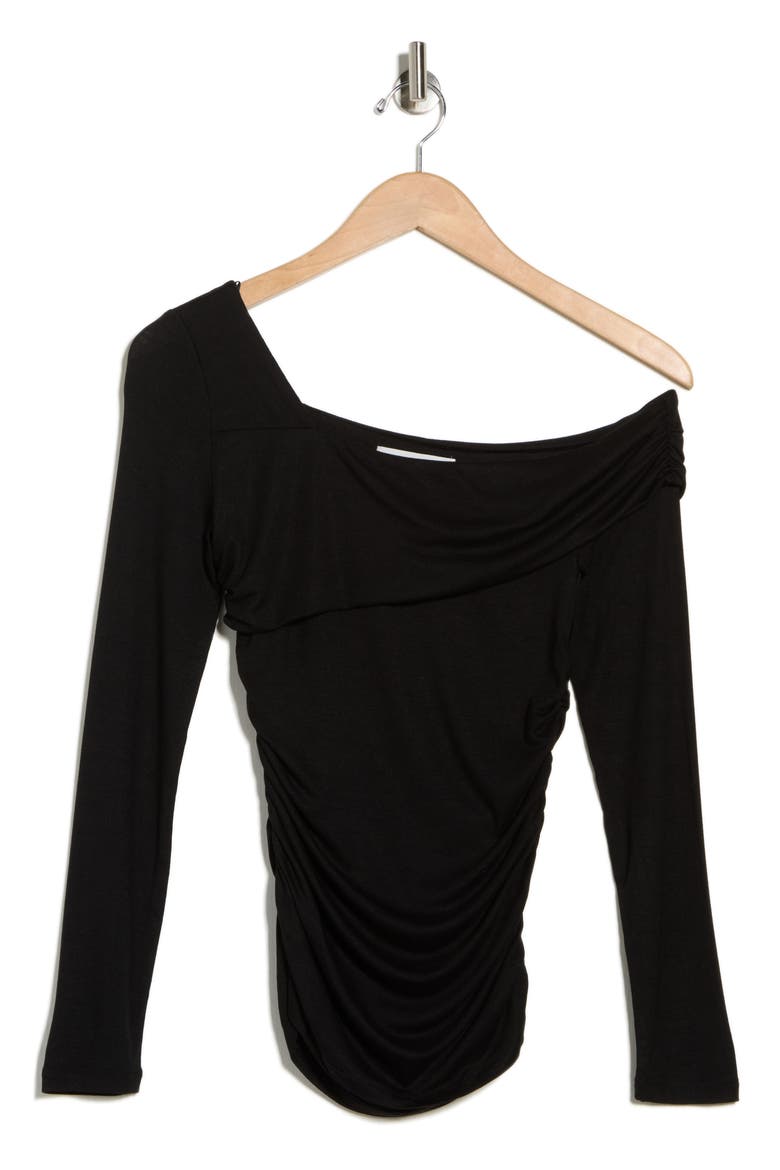 One Shoulder Long Sleeve Ruched Top, Alternate, color, BLACK