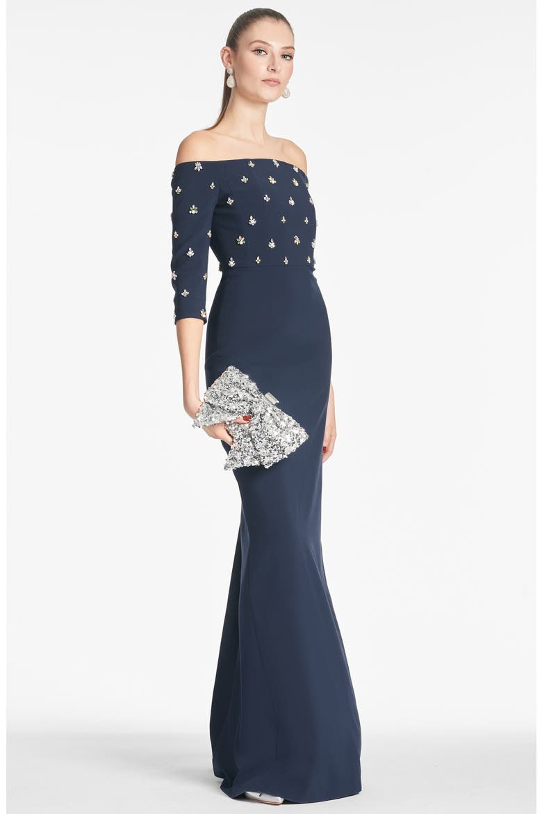 Amarette Crystal Detail Off the Shoulder Stretch Crepe Gown, Alternate, color, DARK MIDNIGHT