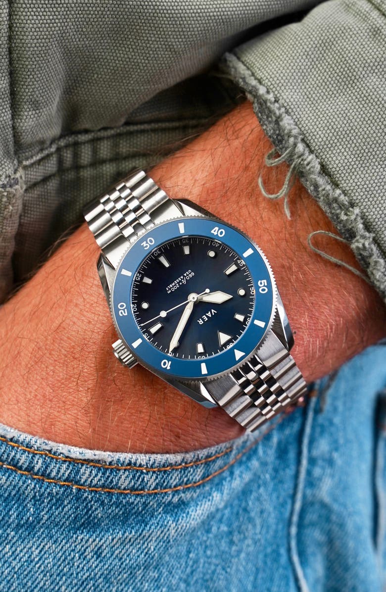 VAER D4 Meridian Black Solar Dive Watch, 38mm, Alternate, color, Navy/Bracelet