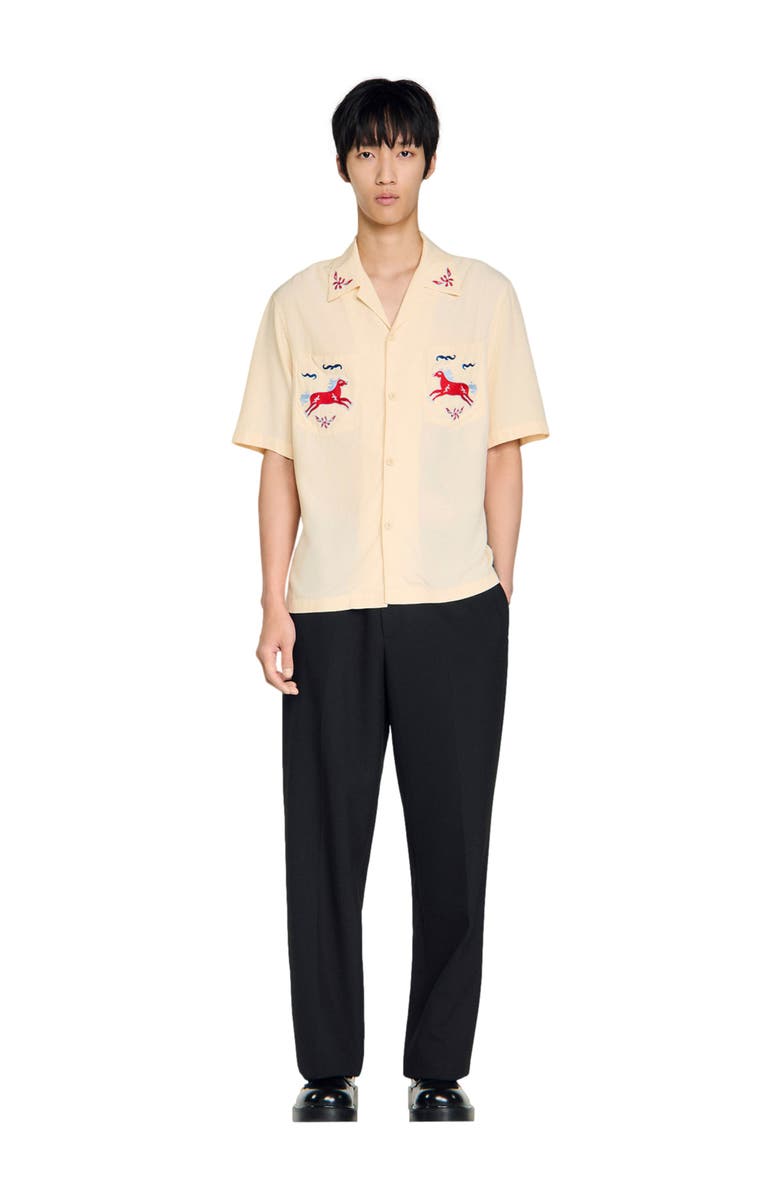SANDRO Embroidered horse loose-fit shirt, Alternate, color, Butter Cream
