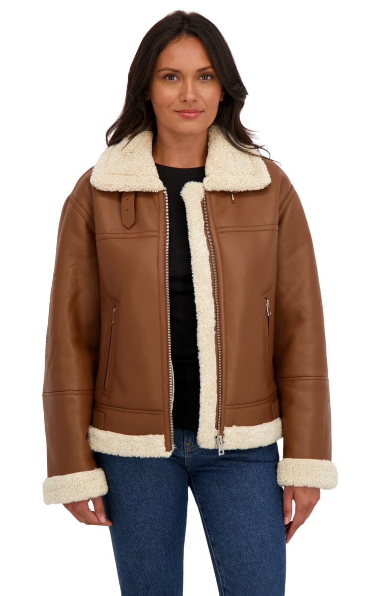 Sebby Faux Shearling Collar Aviator Jacket, Alternate, color, Luggage