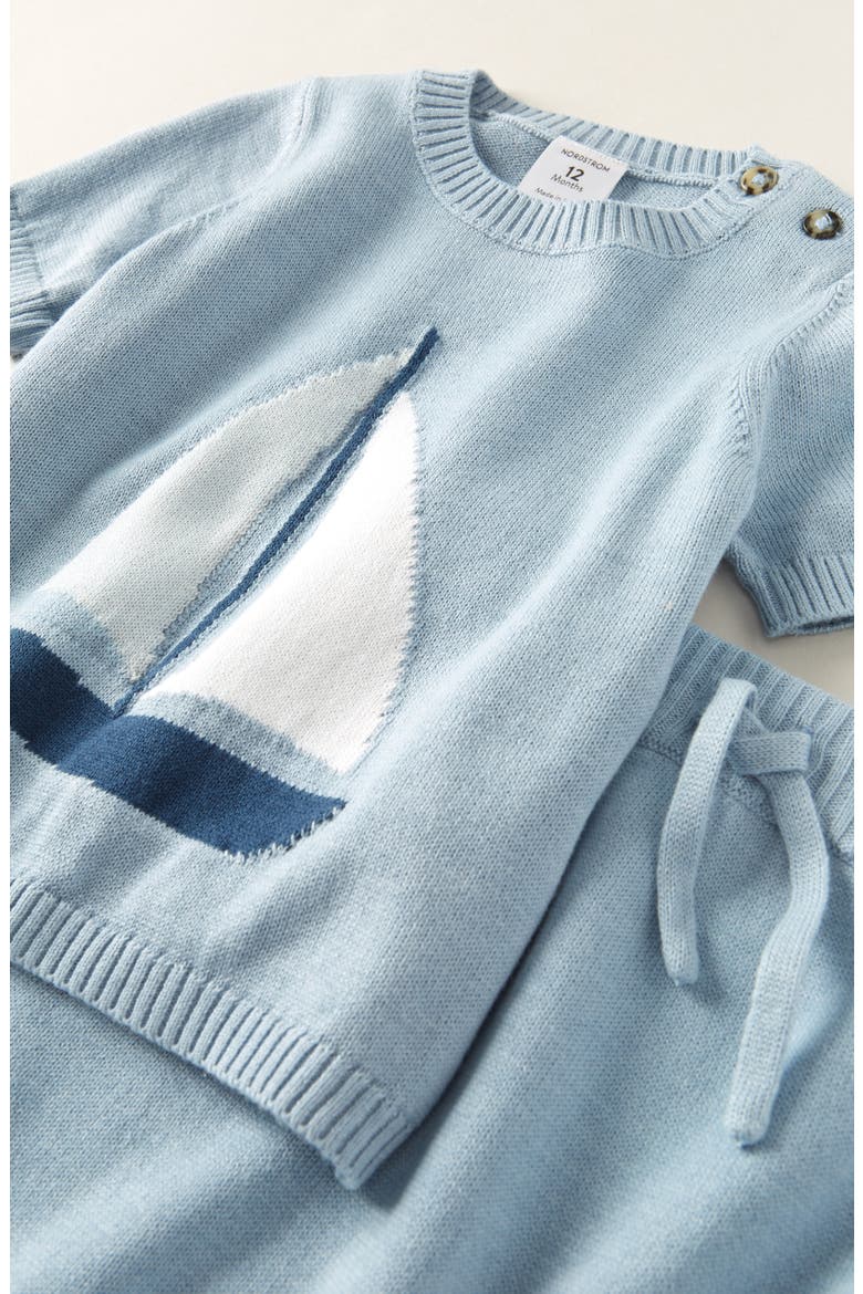 Motif Short Sleeve Cotton Blend Sweater & Shorts Set, Alternate, color, BLUE FOG MELLOW SAILBOAT