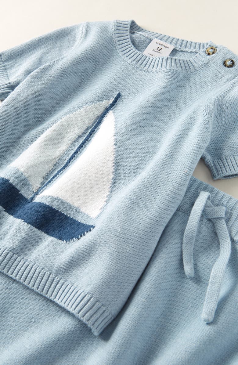 Nordstrom Motif Short Sleeve Cotton Blend Sweater & Shorts Set, Alternate, color, Blue Fog Mellow Sailboat