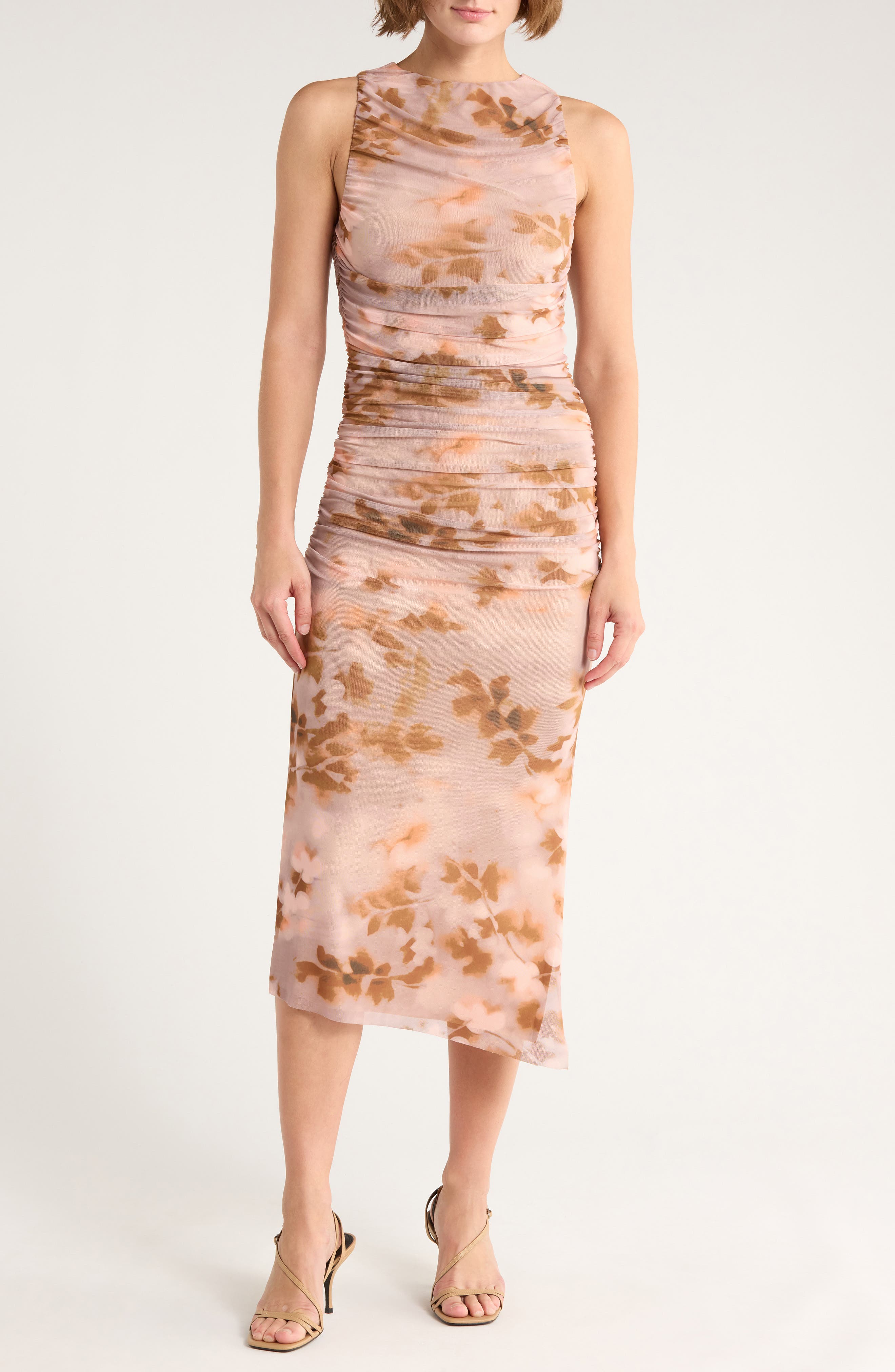 Leith Floral Sleeveless Ruched Mesh Midi Dress
