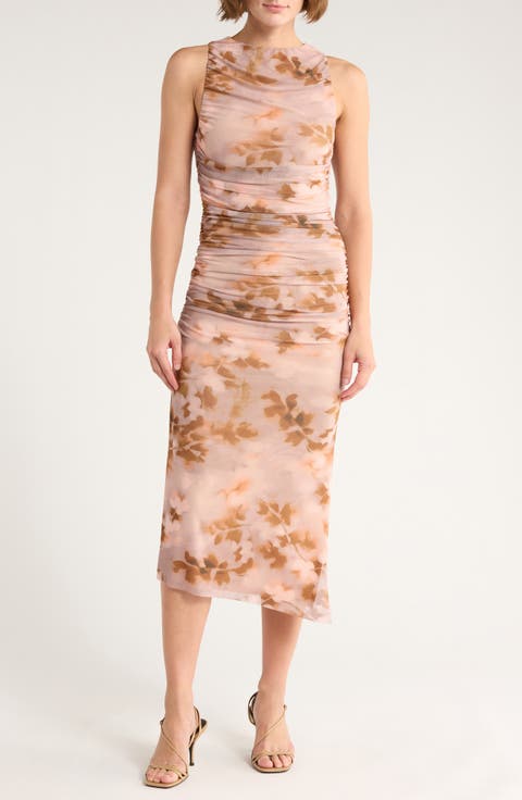 Floral Sleeveless Ruched Mesh Midi Dress