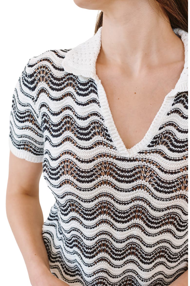 Short Sleeve Cotton & Silk Blend Pointelle Polo Sweater, Alternate, color, MOONLIT WAVES