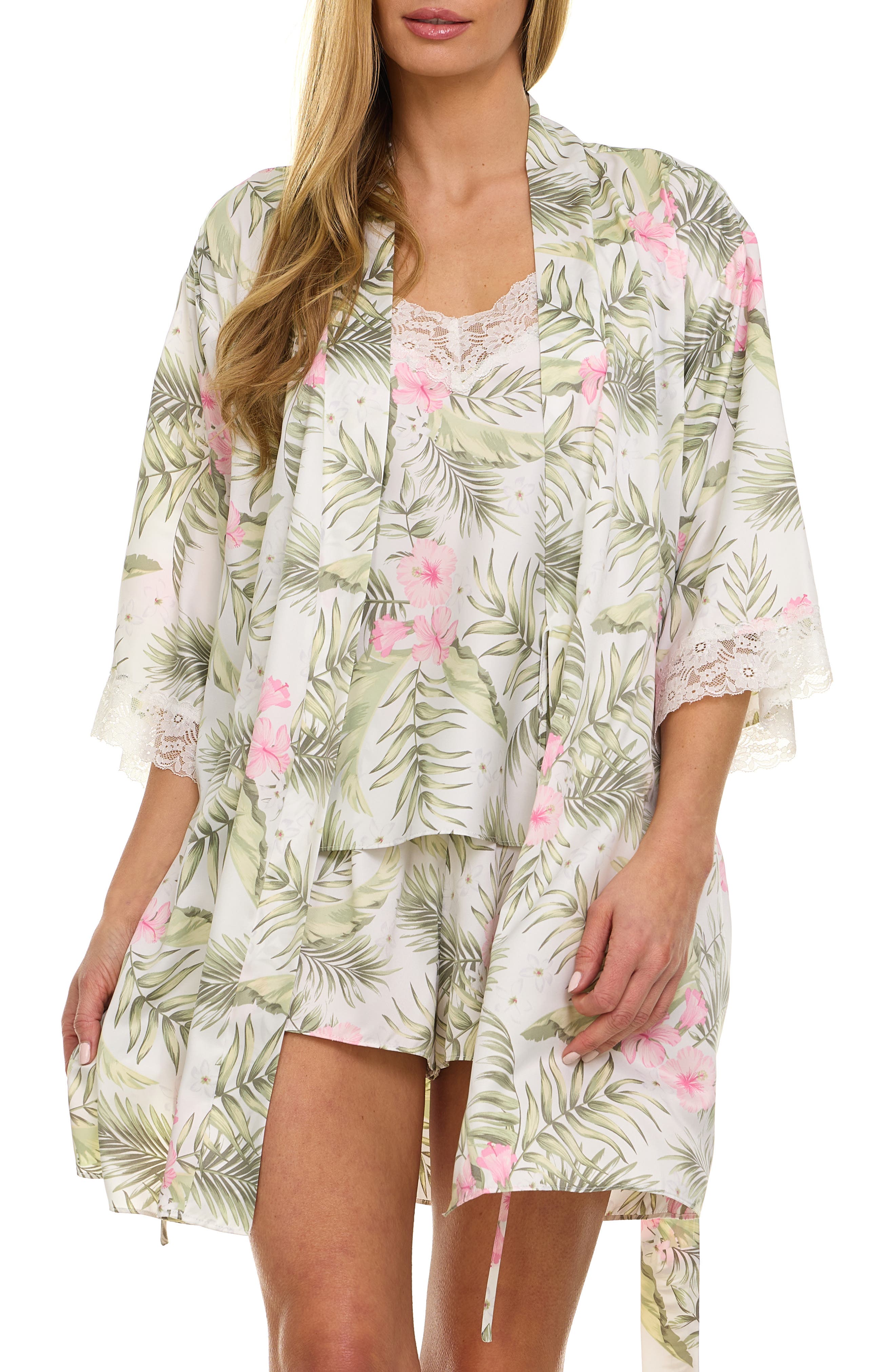 Flora Nikrooz Sabrina Floral Print Satin Short Pajamas & Robe Set