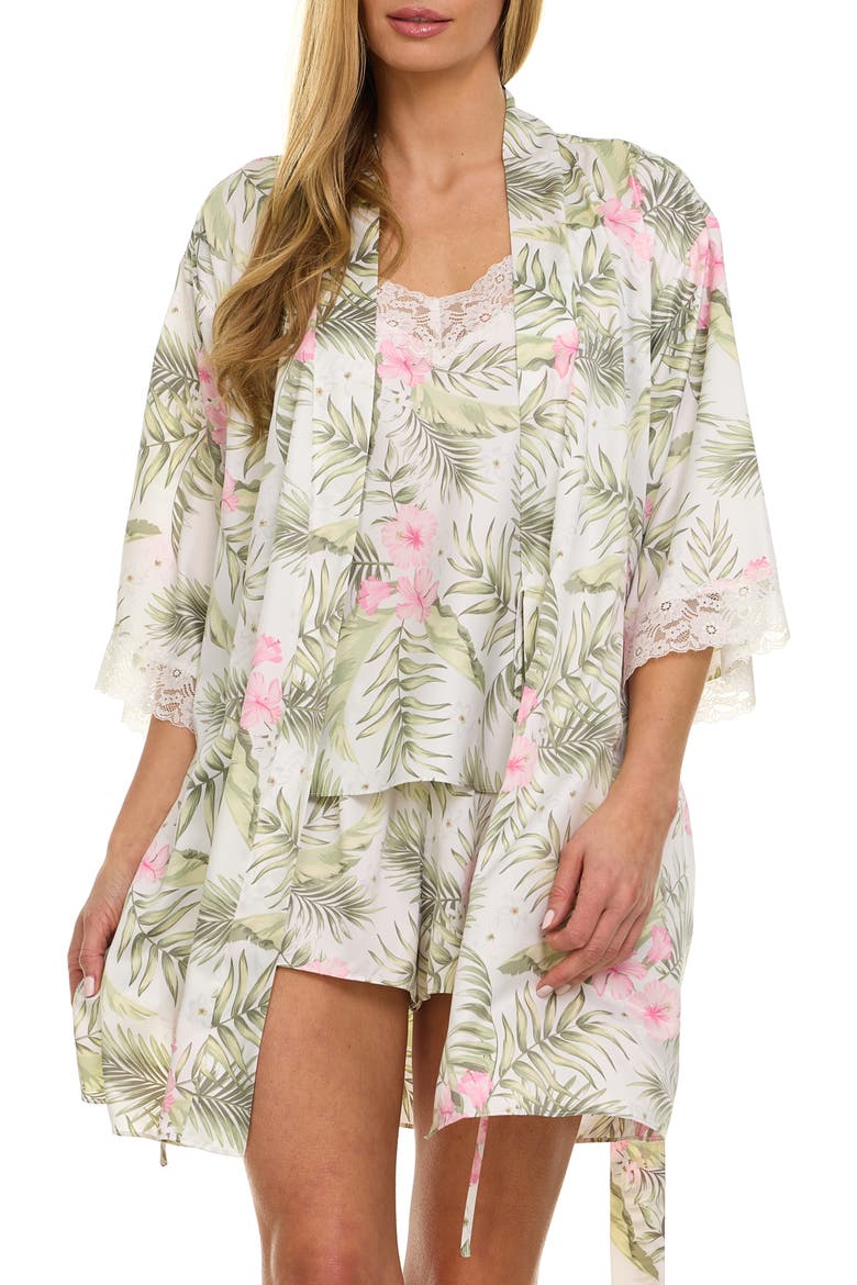 Sabrina Floral Print Satin Short Pajamas & Robe Set, Main, color, CREAM