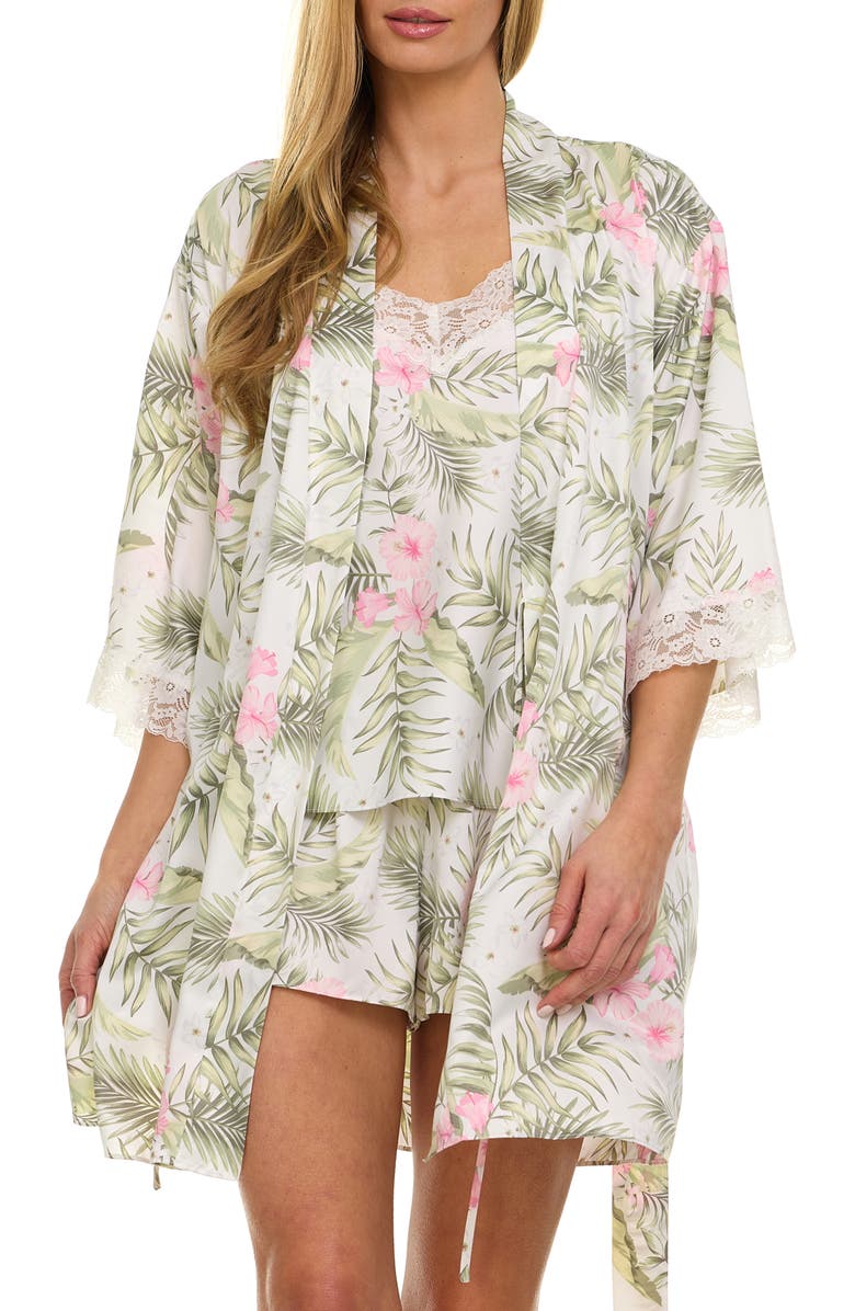 Flora Nikrooz Sabrina Floral Print Satin Short Pajamas & Robe Set, Main, color, Cream