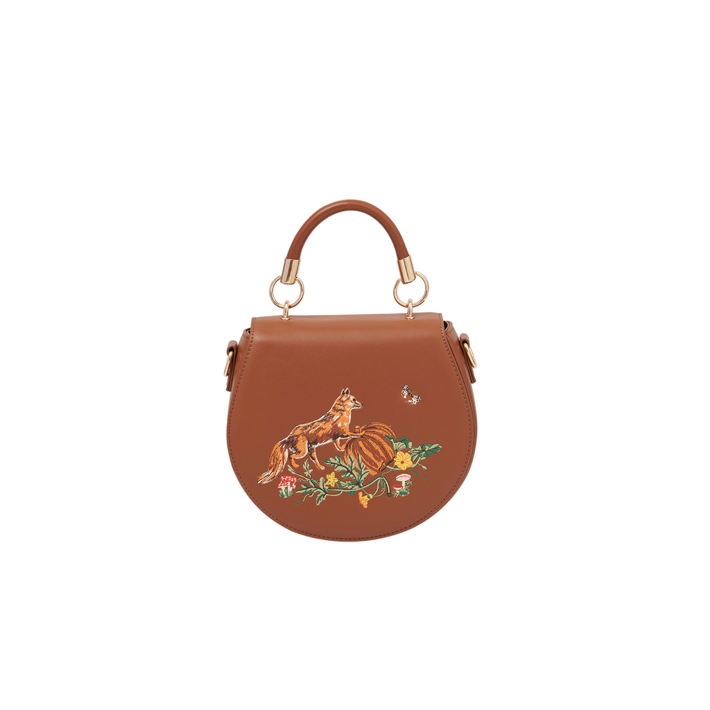 Fable England Fox & Pumpkin Embroidered Tan Saddle Bag In Brown