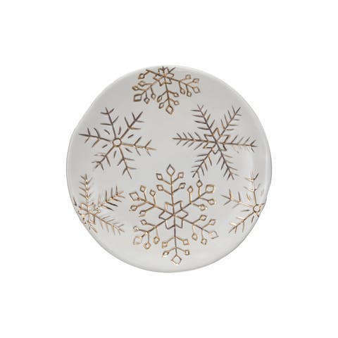 Stoneware Plate with Gold Electroplated Snowflakes, White and Gold