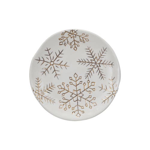 Storied Home Stoneware Plate With Gold Electroplated Snowflakes, White And Gold In White
