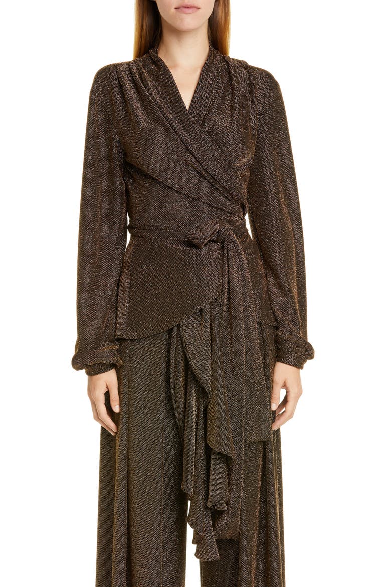 Metallic Mesh Long Sleeve Wrap Top, Main, color, BRONZE