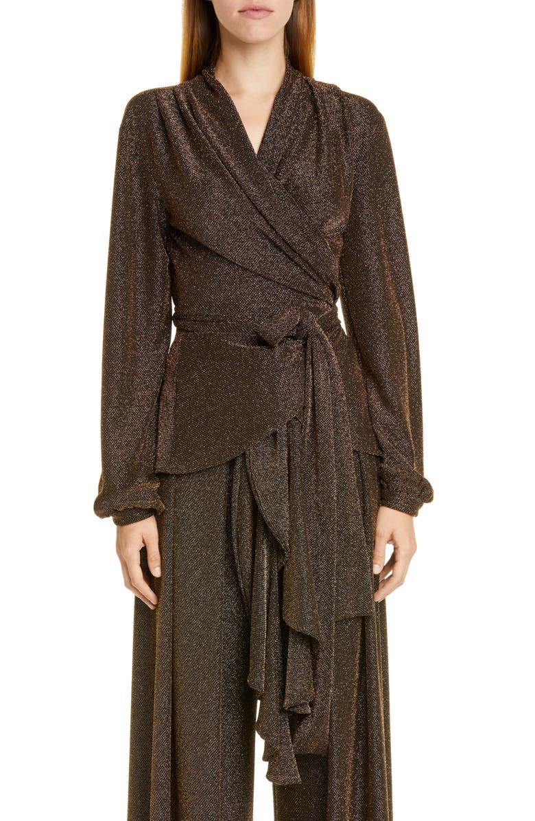 PatBO Metallic Mesh Long Sleeve Wrap Top, Main, color, 