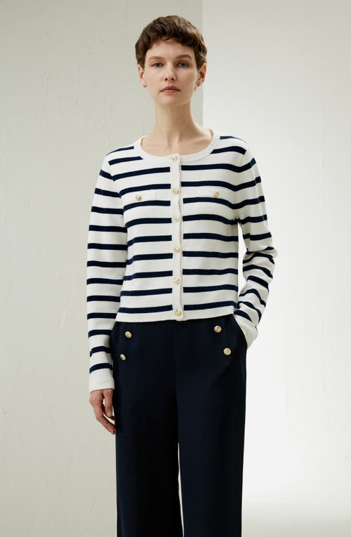 Lilysilk Gariana Striped Wool Cardigan In Navy Blue