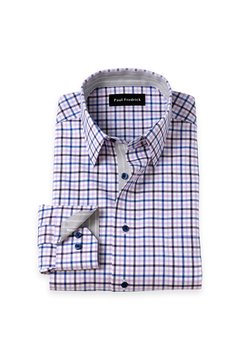 Cotton Poly Spandex Point Collar Twill Slim Contrast Trim Button Cuff Long Sleeve, Main, color, Purple/Blue