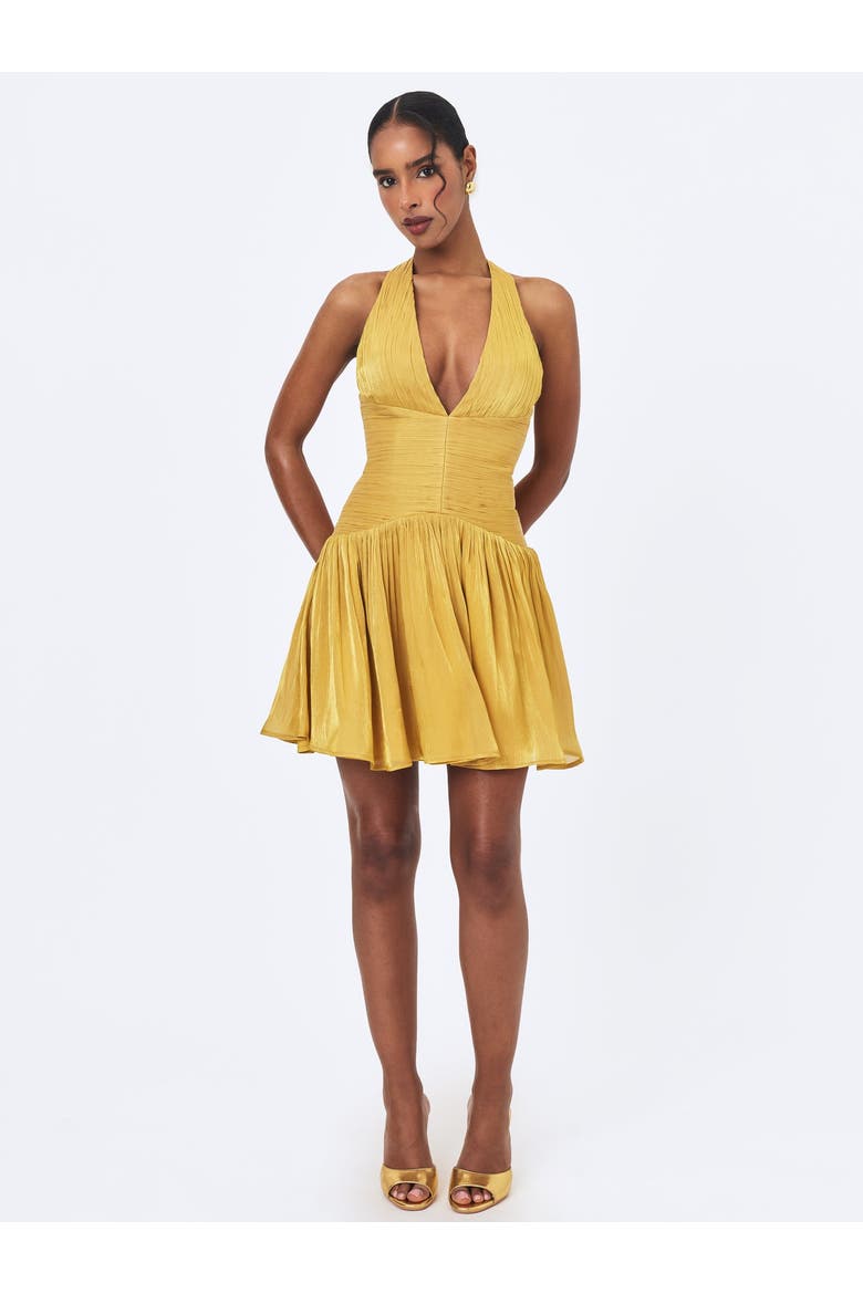 Xavia Crystal Organza Plunging Halter Mini Dress, Alternate, color, Gold