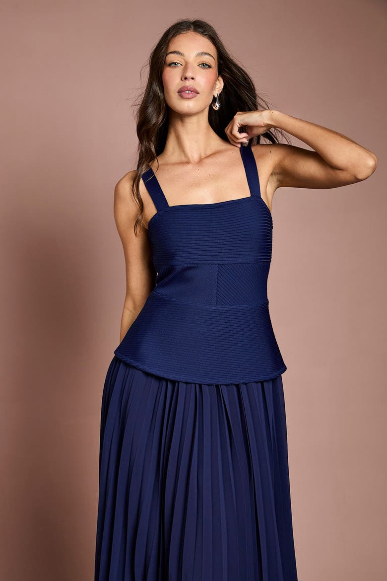 Bandage Square Neck Pleated Midi Dress, Alternate, color, Navy