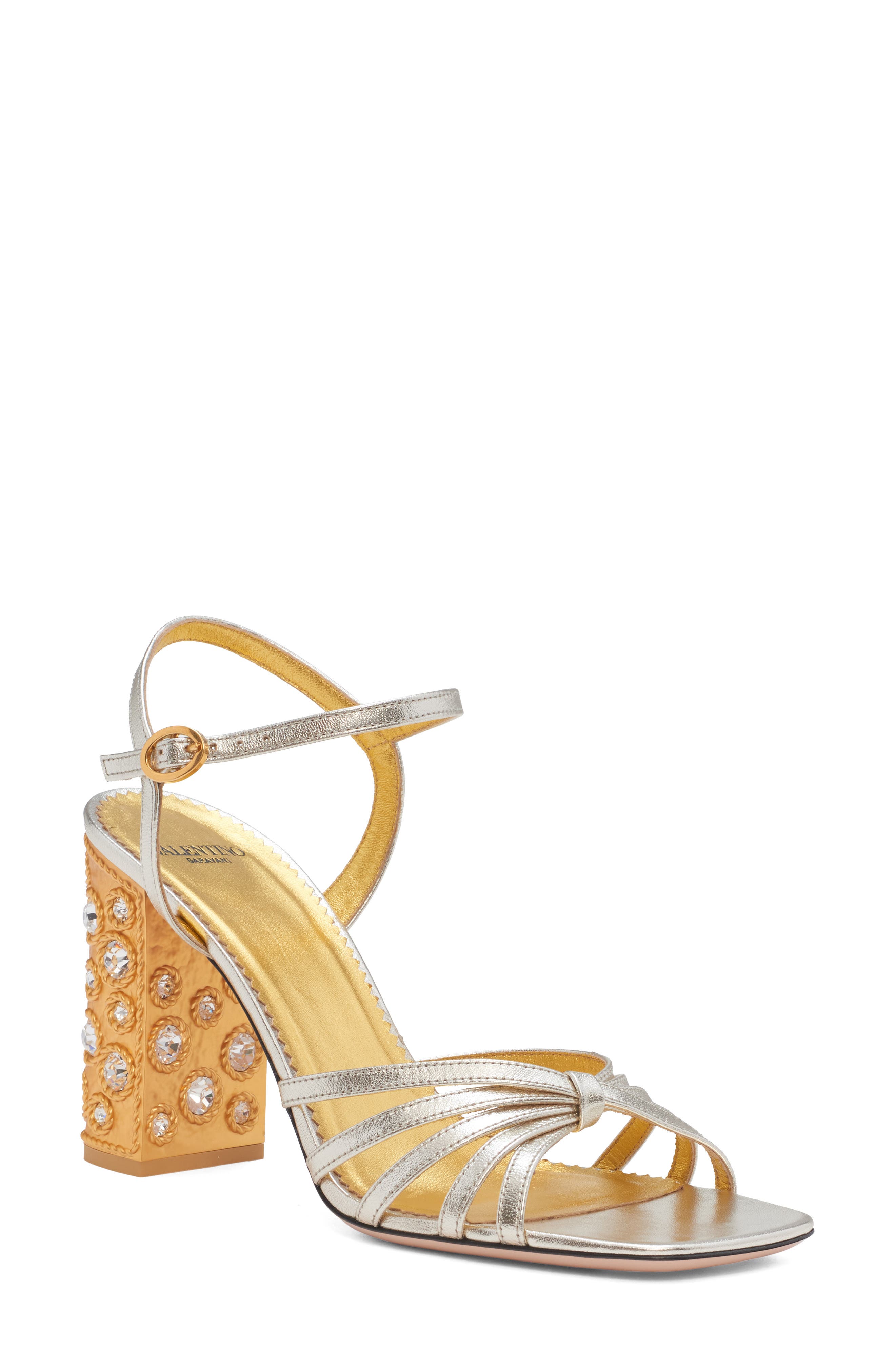 Valentino Garavani Preshoes Embellished Block Heel Sandal, Main, color, Platinum