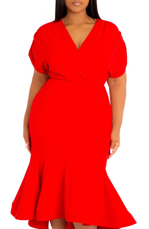 Buxom Couture Wrap Front Flounce Hem High-low Mermaid Midi Dress In Red