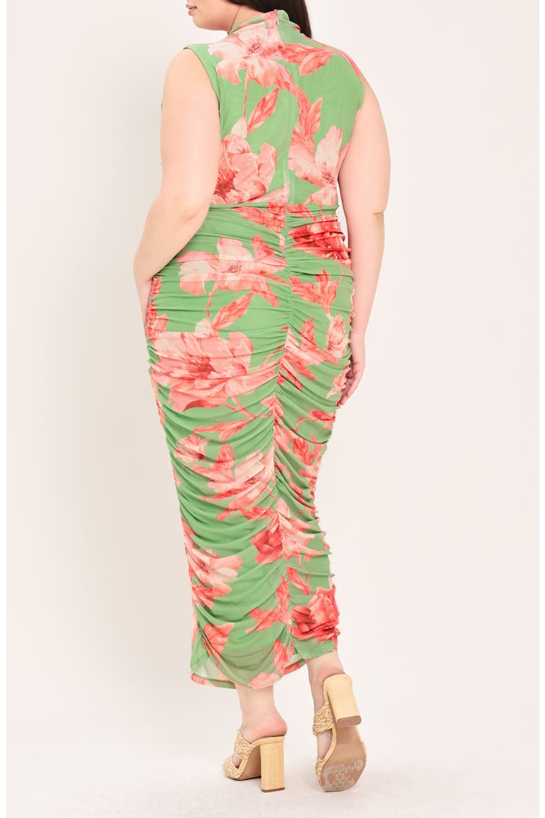 Floral Mesh Ruched Midi Dress, Alternate, color, SAGE