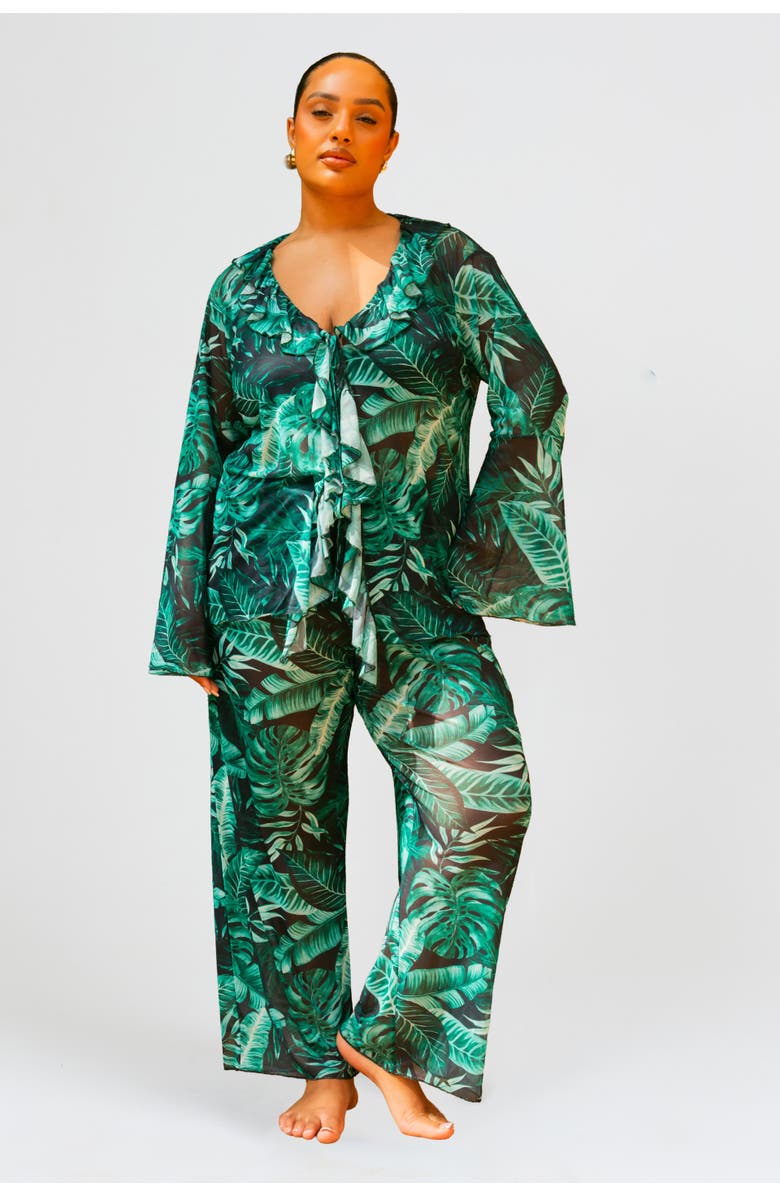 FASHION-SZN CURVE Palm Print Wide Leg Resort Pants, Main, color, Green