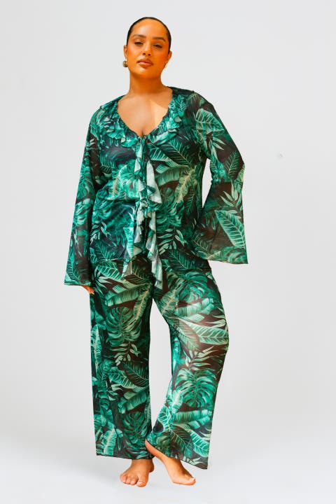 Palm Print Wide Leg Resort Pants