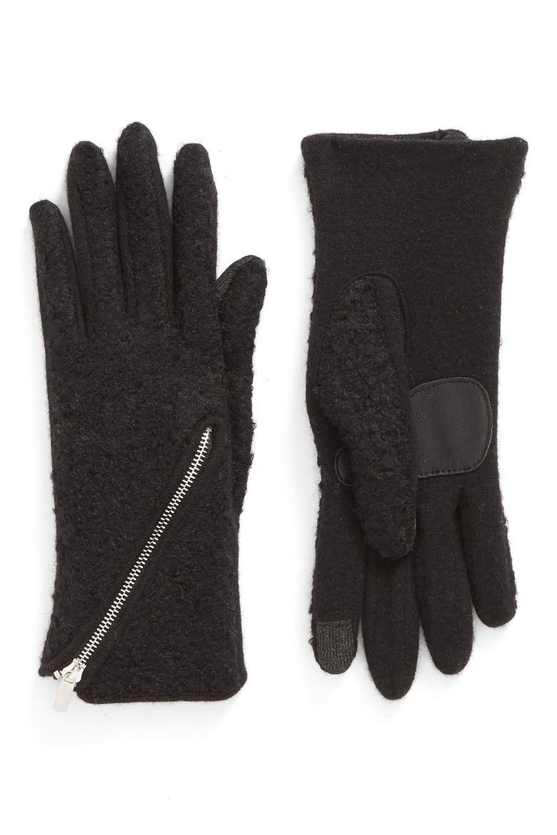 'Touch - Zip Bouclé' Tech Gloves, Main, color, BLACK