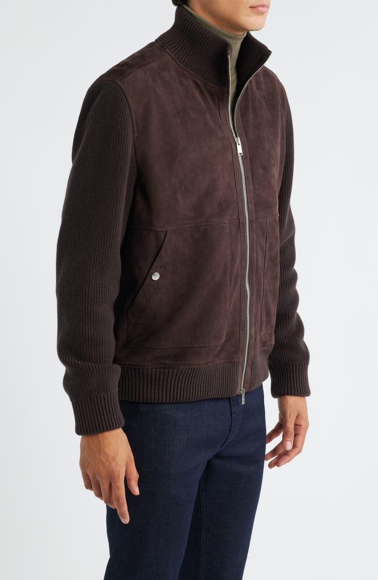 BOSS Maparo Goatskin Suede & Cotton Blend Knit Jacket, Alternate, color, Dark Brown