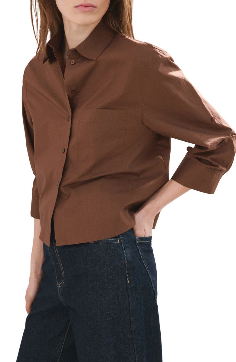 MANGO Stripe Cotton Button-Up Shirt, Main, color, Brown