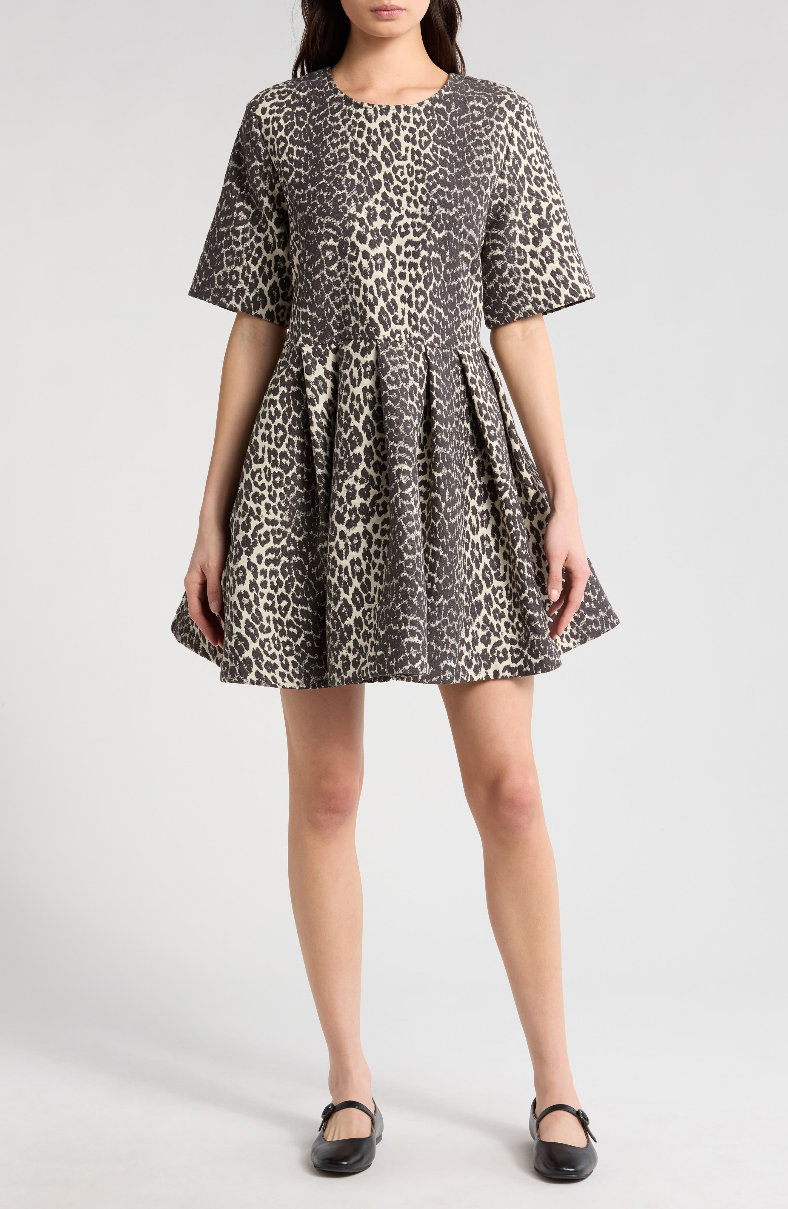 Ganni Leopard Jacquard Organic Cotton Skater Dress