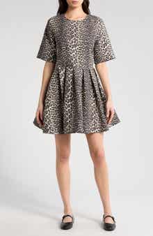 Ganni Leopard Jacquard Organic Cotton Skater Dress