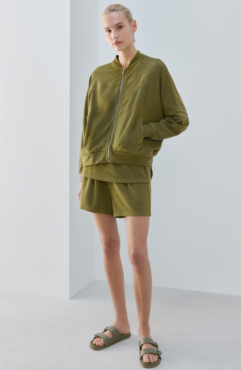 MANGO Cotton Blend Terry Bomber Jacket, Alternate, color, Khaki Green