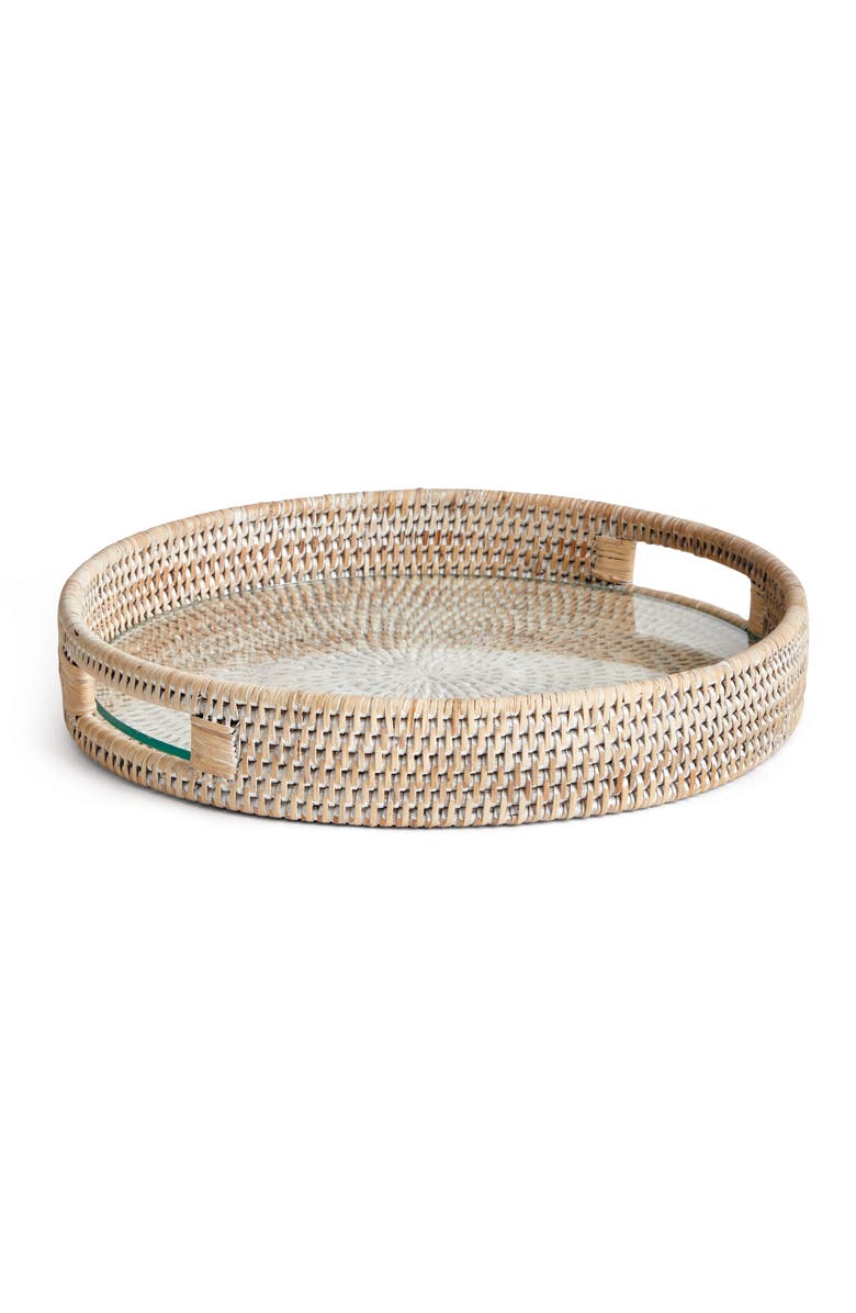 Napa Home & Garden 12.75"  Burma Rattan Whitewash Round Natural Woven Wicker Serving Tray, Main, color, White
