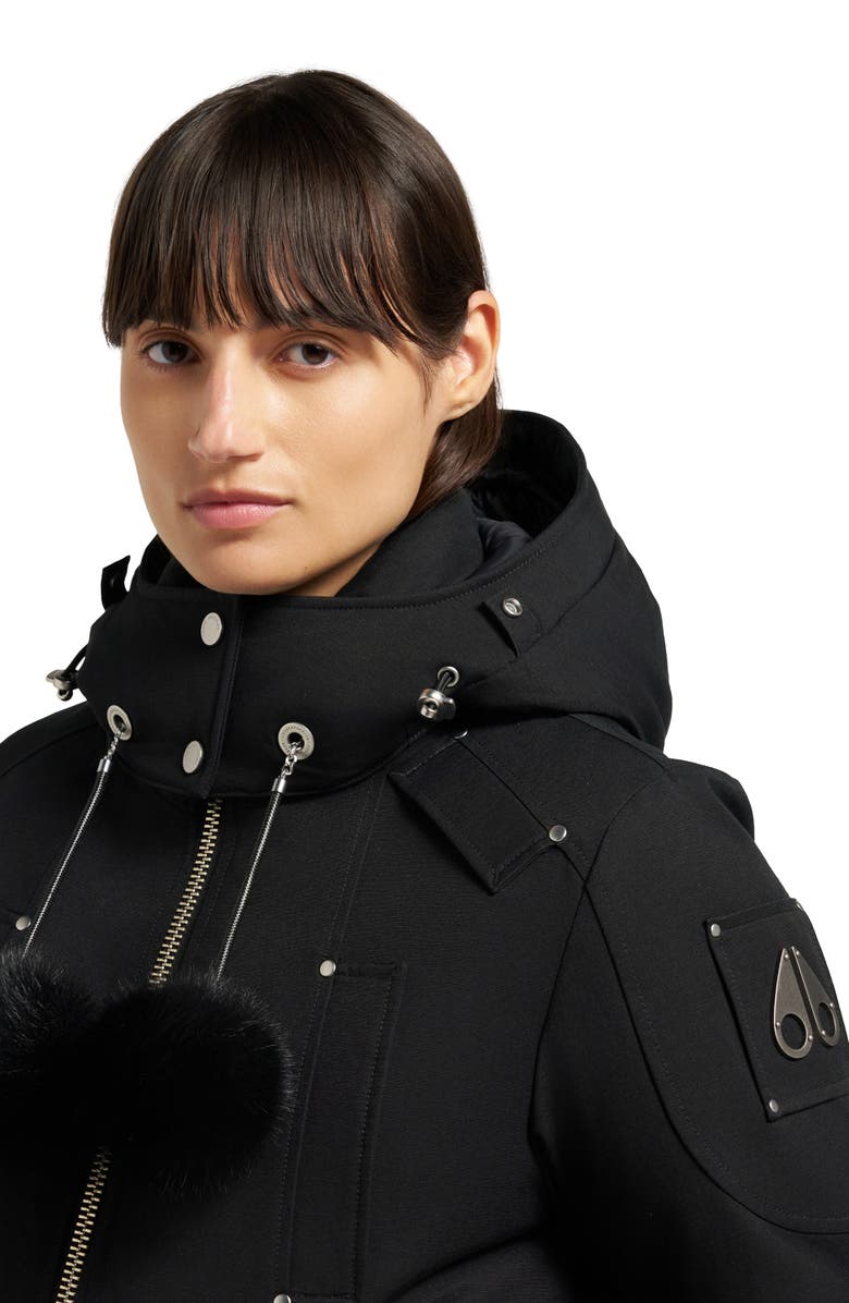 Moose Knuckles Debbie Genuine Shearling Trim Hooded Water Repellent 800 Fill Power Down Bomber Jacket, Alternate, color, Black