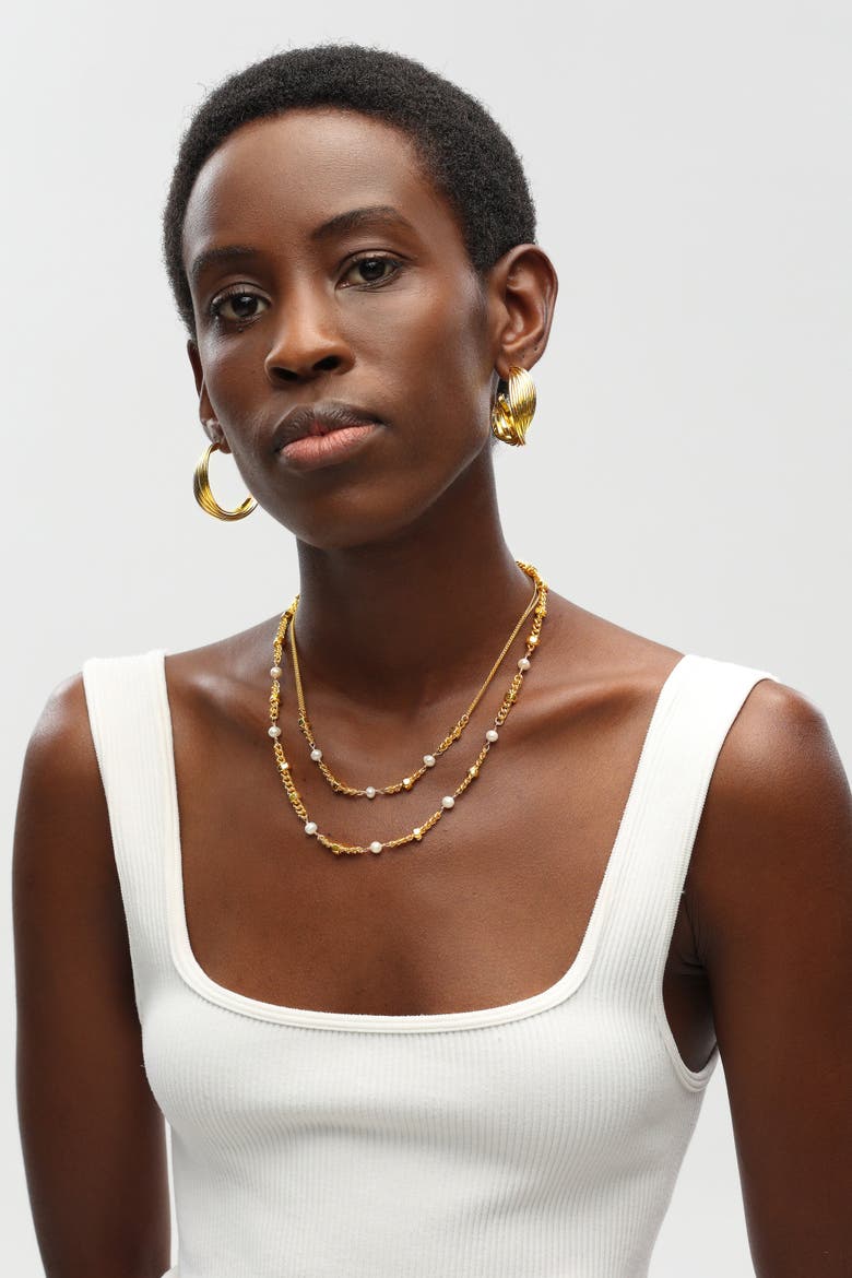 Double Stranded Necklace With Freshwater Pearls, Alternate, color, Gold