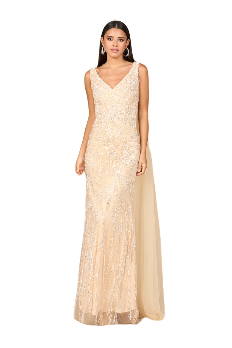 V-Neck Gown with Long Cape Sleeves, Alternate, color, Champagne