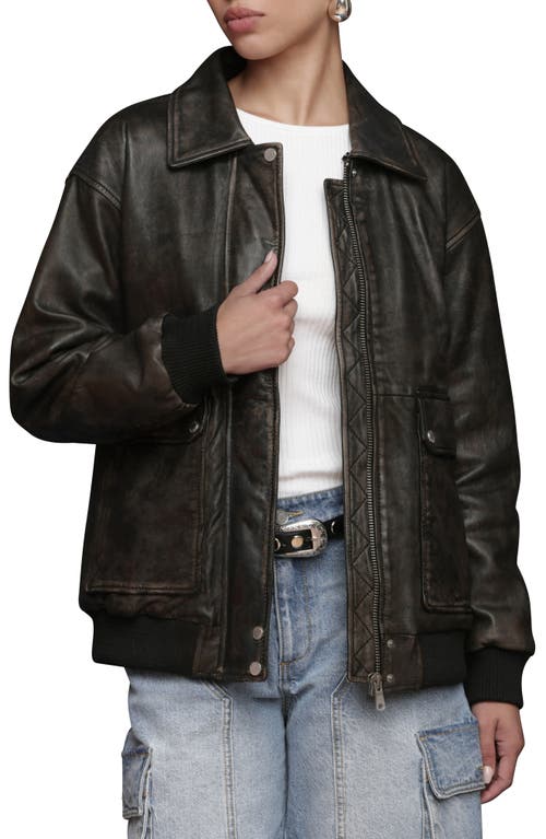 Avec Les Filles Oversize Leather Bomber Jacket With Genuine Shearling Collar In Black