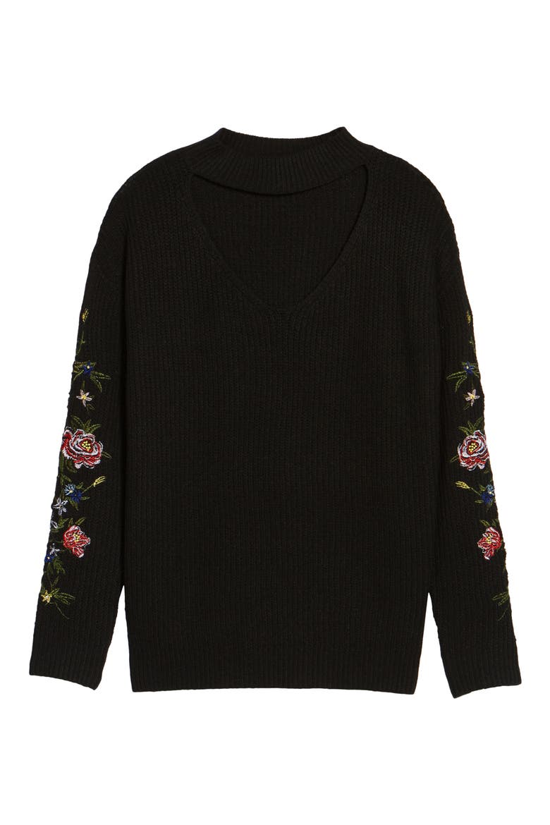 Embroidered Choker Sweater, Alternate, color, BLACK