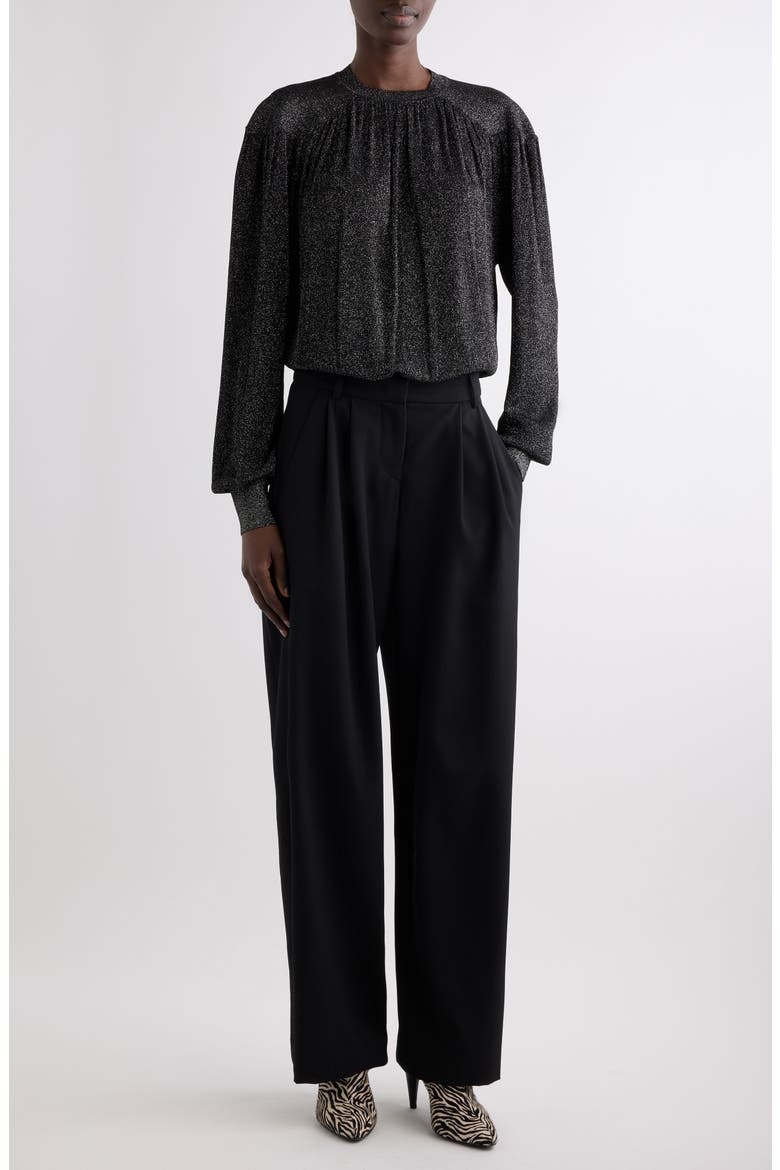 Enza Metallic Gathered Long Sleeve Top, Alternate, color, BLACK