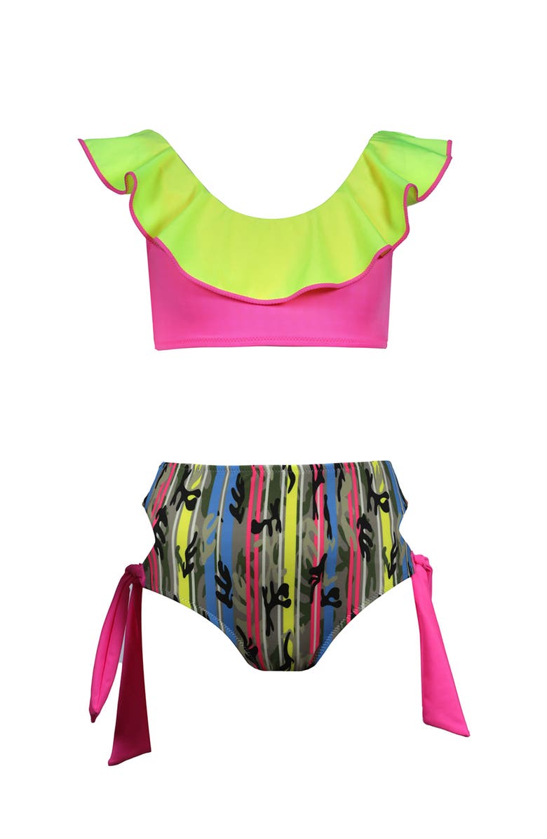 NESSI BYRD Kids' Bold Mix Ruffle Bikini Neon Lime & Camo Print, Main, color, Multicolor